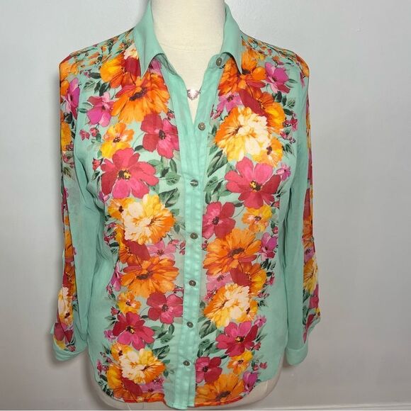 Fig and Flower Mint‎ Green Floral Button Up Long Sleeve Top  -- XL - Picture 4 of 15
